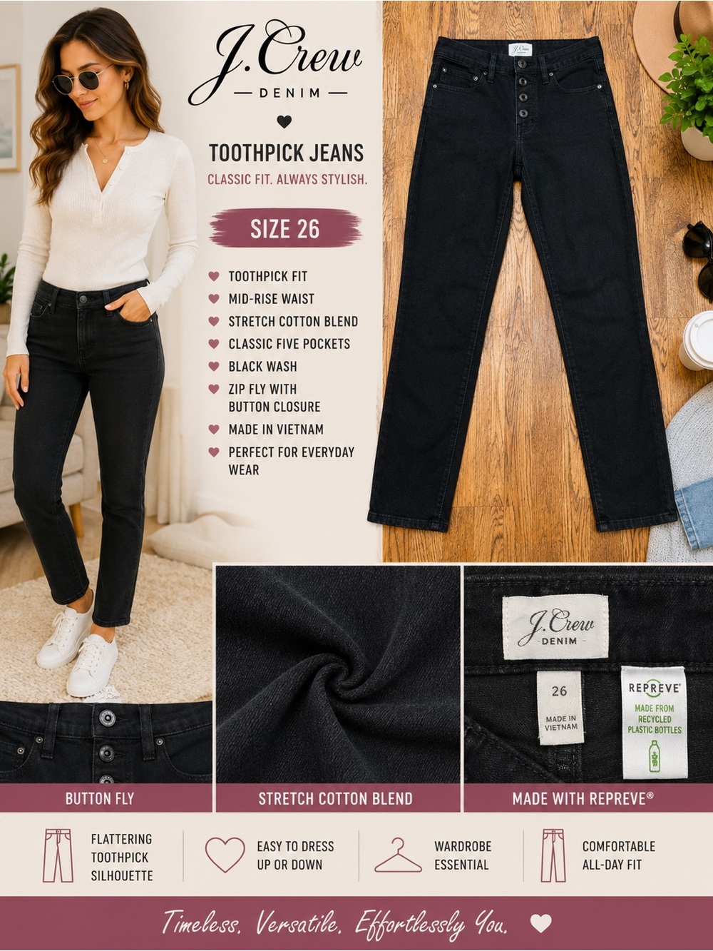 J.Crew Factory Vintage Straight Black Jeans Size 26 Button Fly